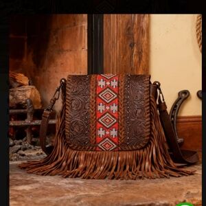 Brown and Red Fringe Leather Bag